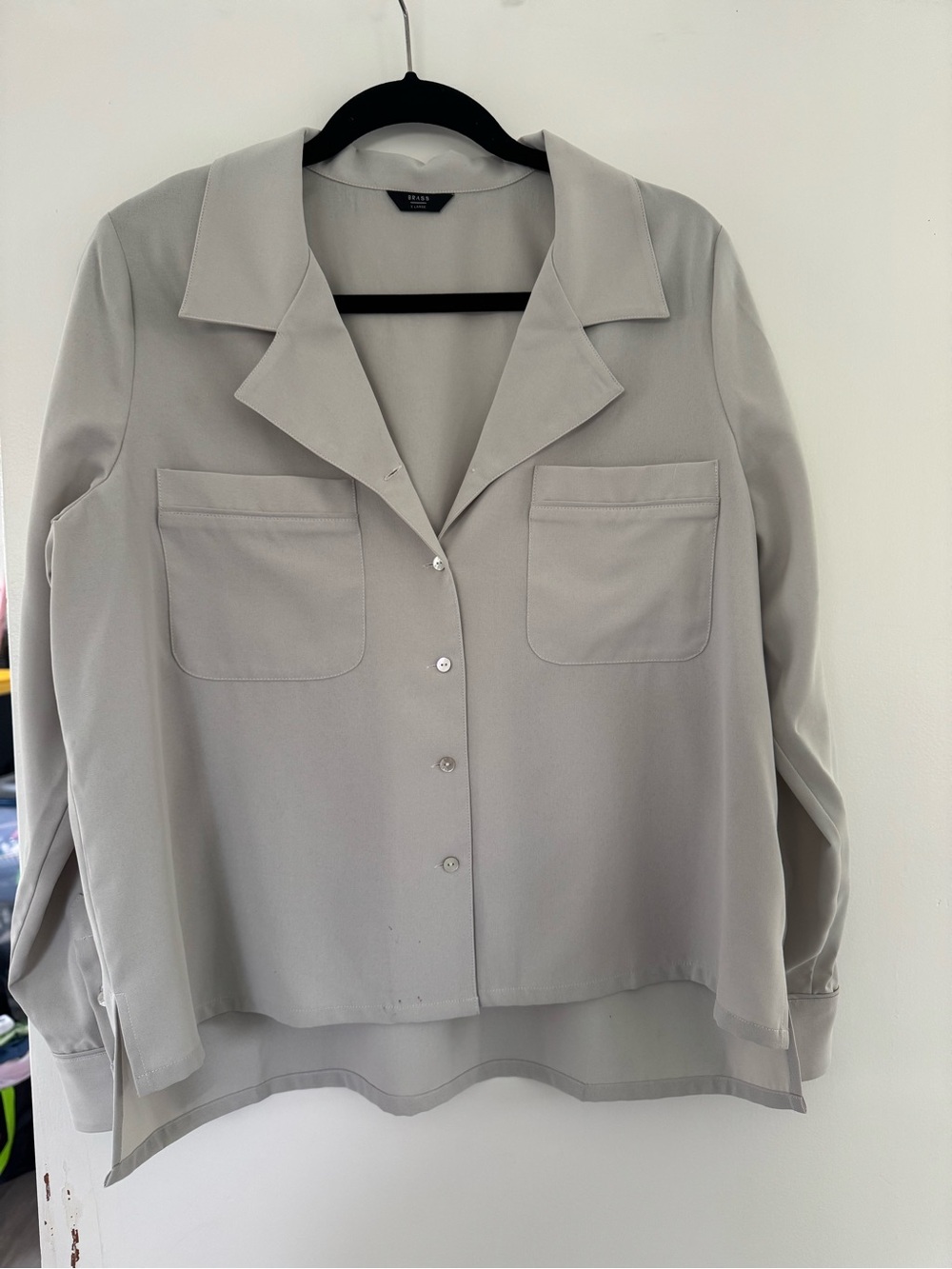 Brass Light Gray Button-Front Boxy Blouse with Patch Pockets - XL